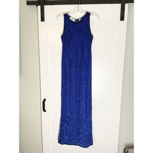 VTG Lawrence Kazar Dress Royal Blue 100% Silk Sequined Evening Formal Gown HOCO